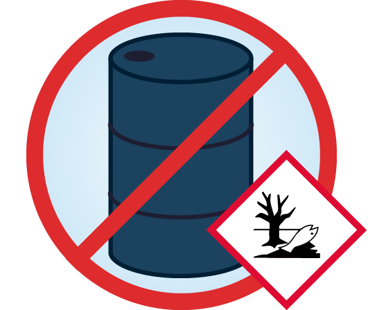 Schéma d’un baril contenant un produit chimique dangereux pour l'environnement est dessiné à l’intérieur d’un symbole d’interdiction.