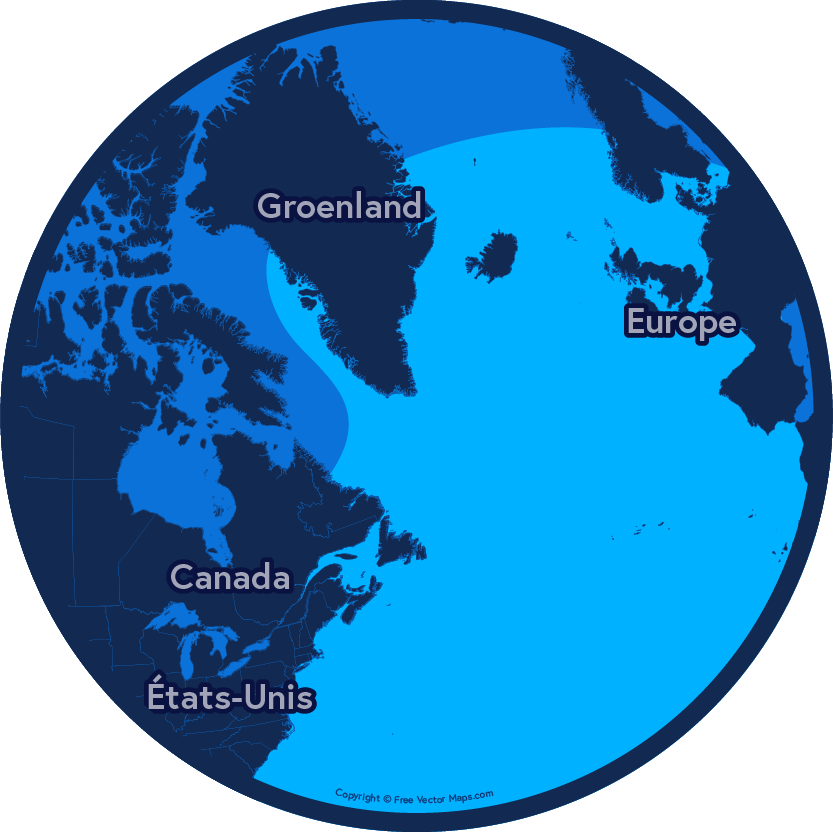 Carte de distribution du rorqual bleu dans l’Atlantique Nord. La distribution couvre tout l’Atlantique Nord jusqu’aux limites de l’océan Arctique. 