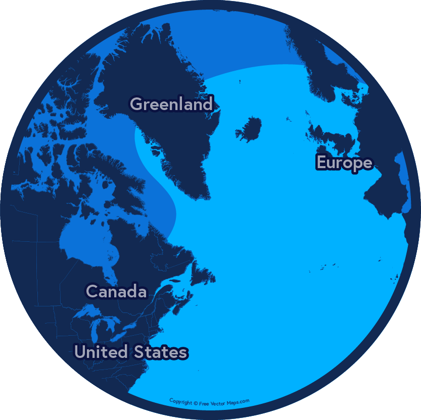 Distribution map of the blue whale in the North Atlantic. The distribution covers the entire North Atlantic, extending northward to the edge of the Arctic Ocean.