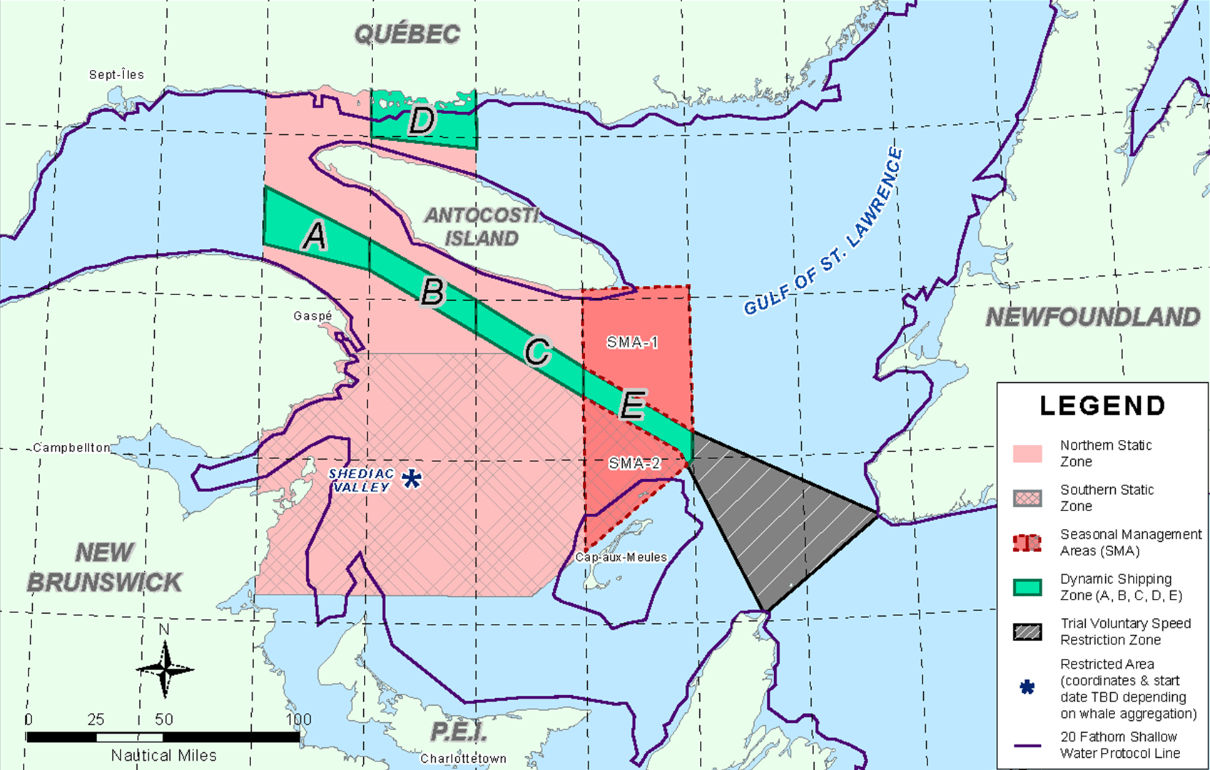 Map of the Gulf of St. Lawrence with an area in pink covering a good part of the river’s mouth from northwest of Anticosti Island, across the entire swath of water south of this island to the tip of the Gaspé Peninsula and the Magdalen Islands. Within this pink zone, a green corridor runs between the Gaspé Peninsula and Anticosti, stopping north of the Magdalen Islands. A small stretch of green corridor also runs between Anticosti Island and Quebec’s Côte-Nord (North Shore) region.
